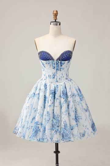 White Blue Flower A-Line Strapless Printed Beaded Short Prom Dress